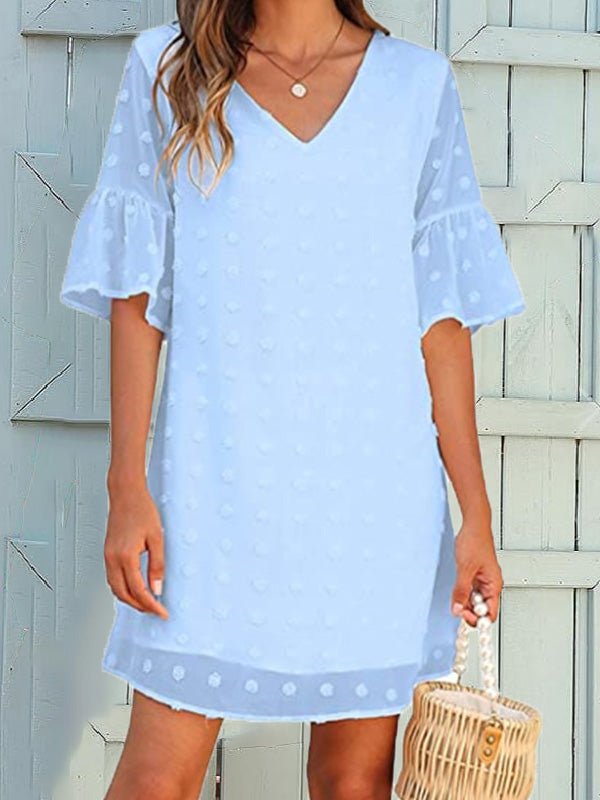 Mini Dresses - Solid Jacquard Dots Chiffon Short Sleeve Dress - MsDressly