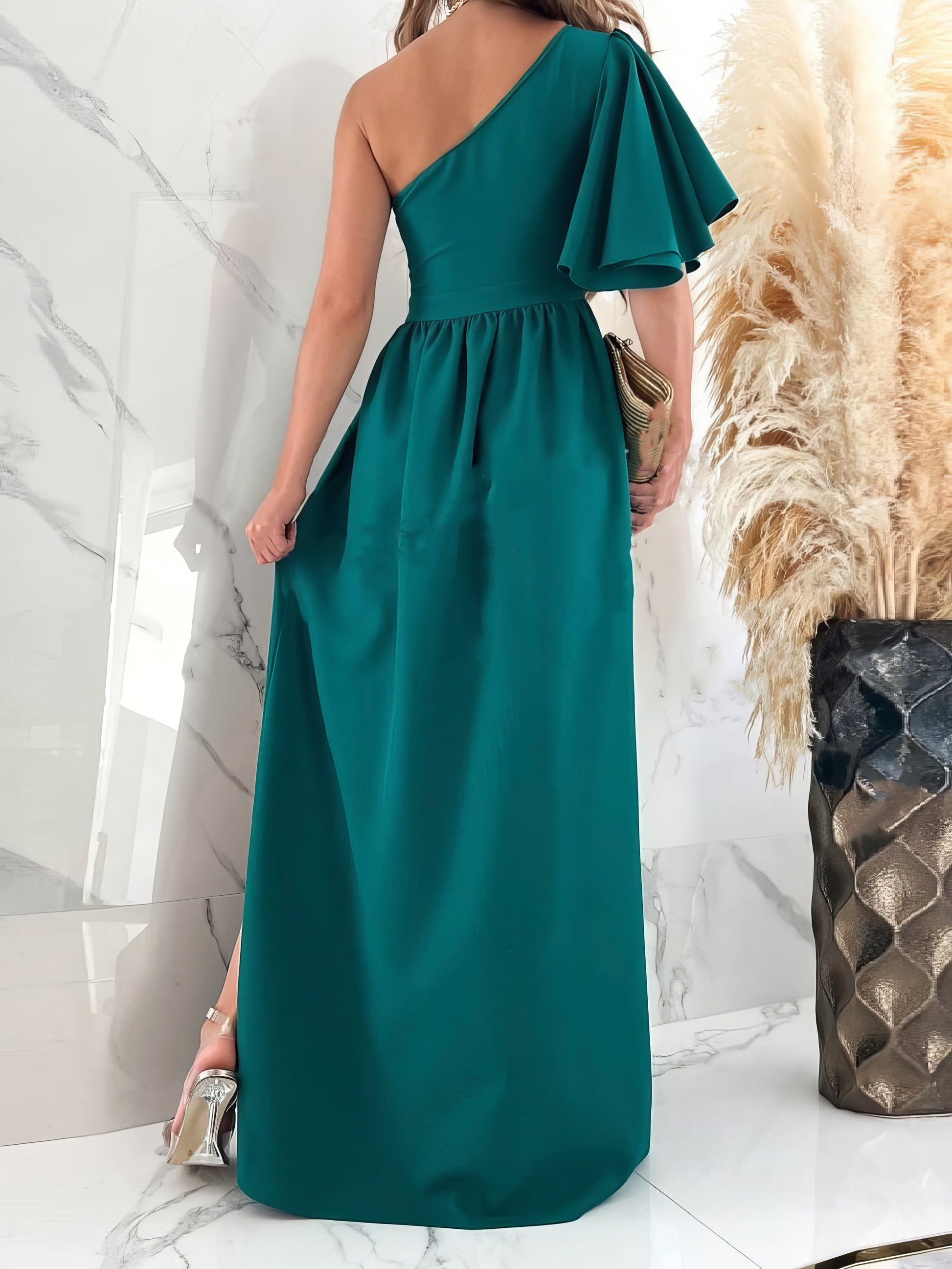 Maxi Dresses - Solid Sloping Shoulder Slit Dress - MsDressly