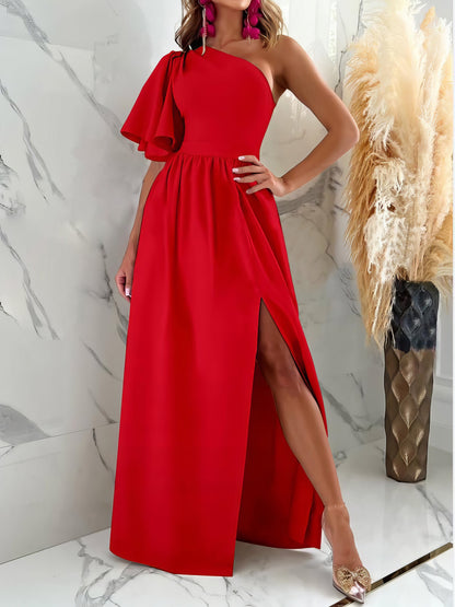 Solid Sloping Shoulder Slit Dress