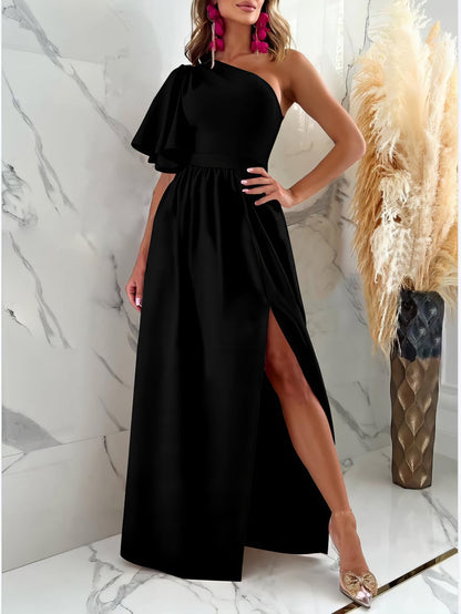 Maxi Dresses - Solid Sloping Shoulder Slit Dress - MsDressly