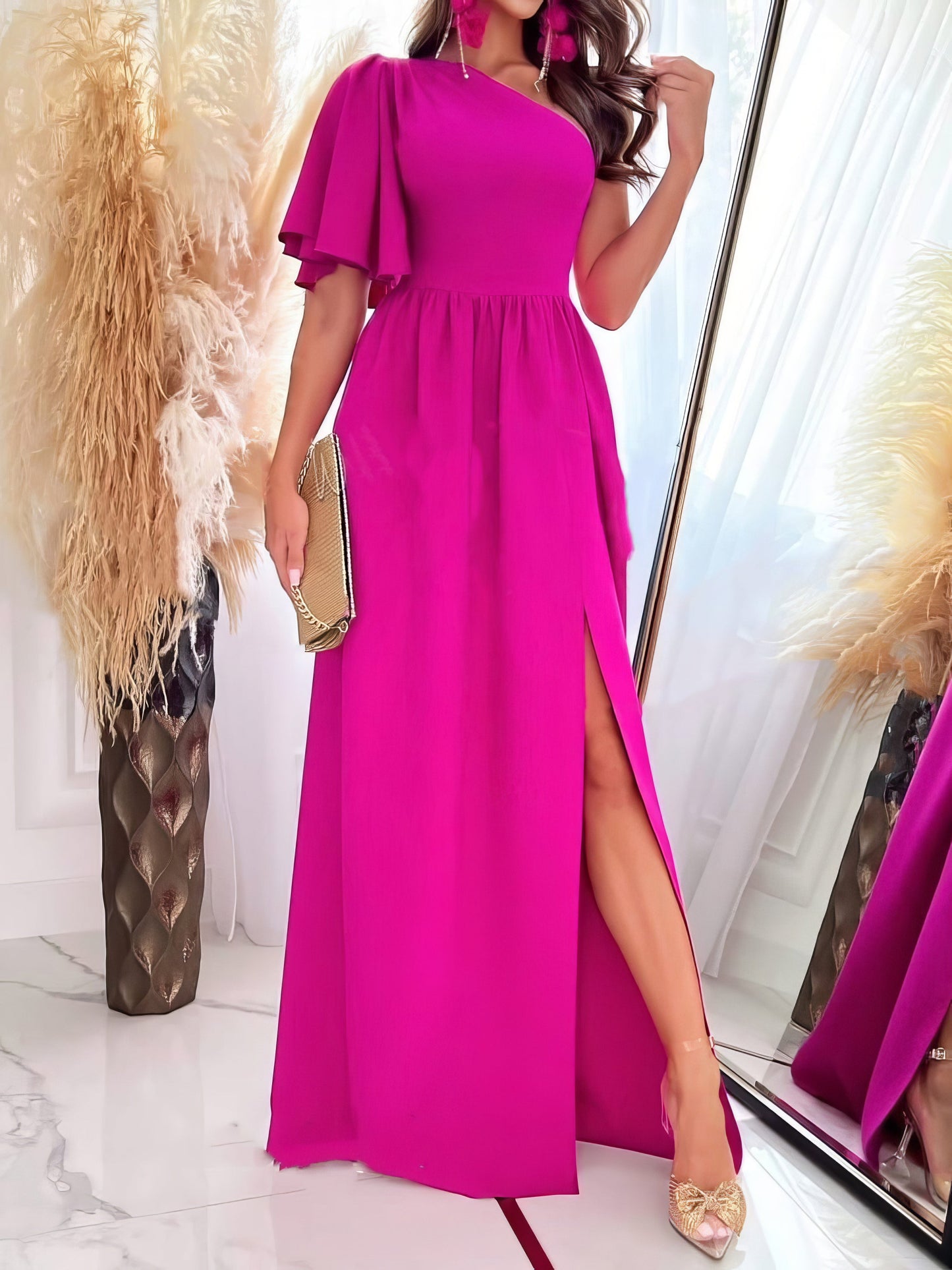 Maxi Dresses - Solid Sloping Shoulder Slit Dress - MsDressly
