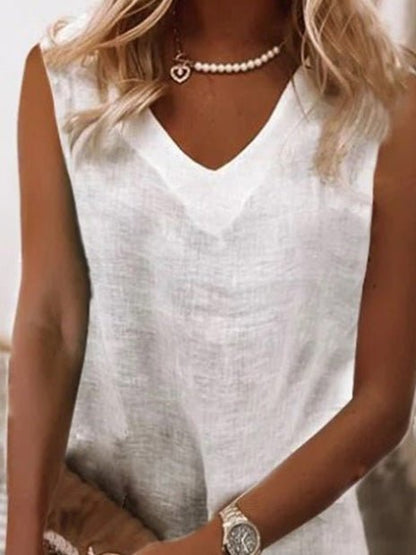 Mini Dresses - Solid V-Neck Sleeveless Casual Dress - MsDressly