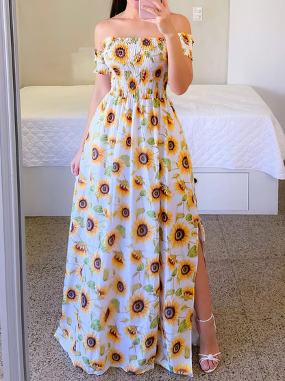 Maxi Dresses - Strapless Printed Slit Maxi Dress - MsDressly