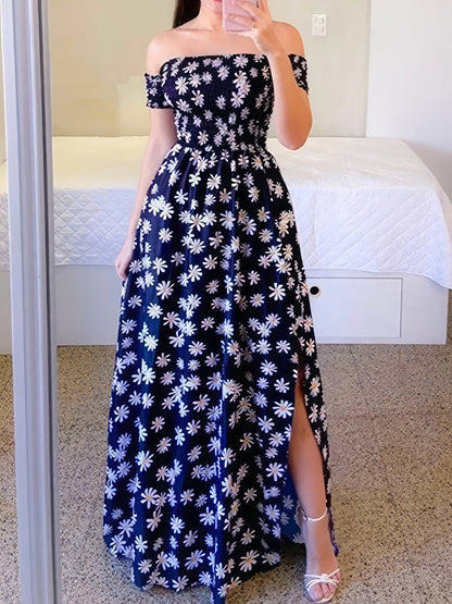 Strapless Printed Slit Maxi Dress