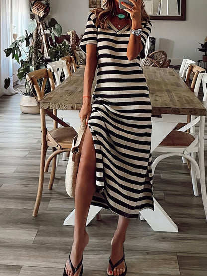 Fashionable V-Neck Striped Short Sleeve Dress with Side Slit