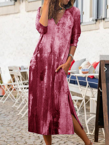 Maxi Dresses - Tie-Dye Print V-Neck Slit Casual Dress - MsDressly