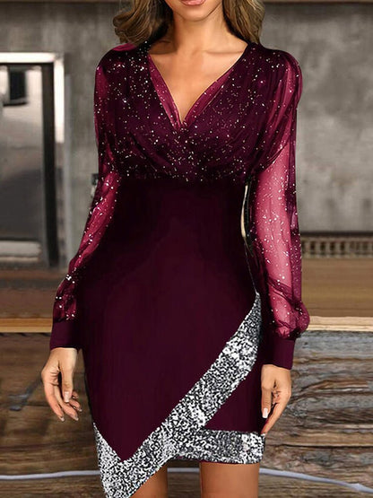 Mini Dresses - V Neck Irregular Mesh Panel Mini Dress - MsDressly