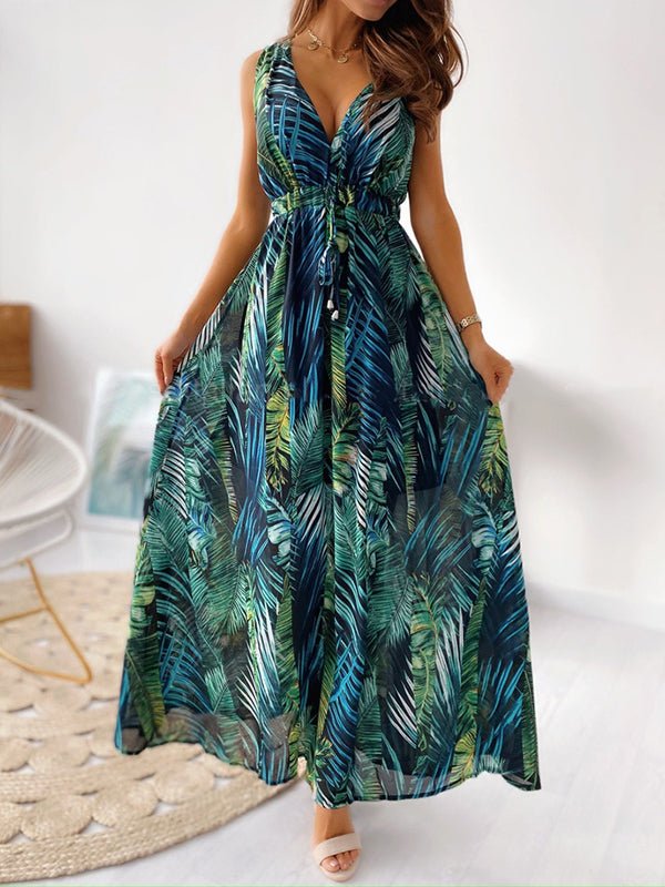 Maxi Dresses - V Neck Printed Strap Maxi Dress - MsDressly