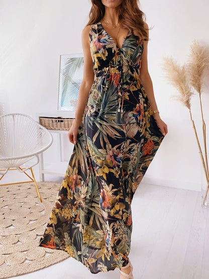 Maxi Dresses - V Neck Printed Strap Maxi Dress - MsDressly