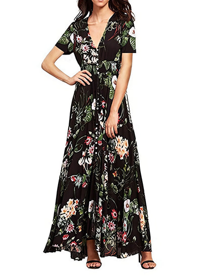 Maxi Dresses - Vintage Ethnic Pattern V-Neck Loose Maxi Dress - MsDressly