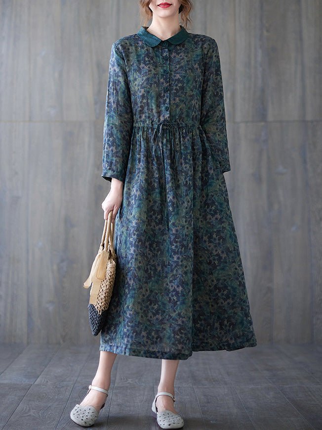 Maxi Dresses - Vintage Print Button Elastic Waist Long Sleeve Dress - MsDressly