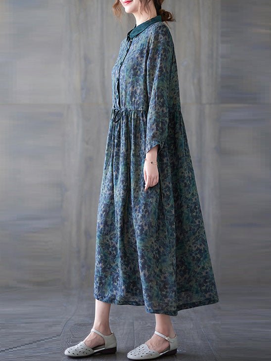 Maxi Dresses - Vintage Print Button Elastic Waist Long Sleeve Dress - MsDressly