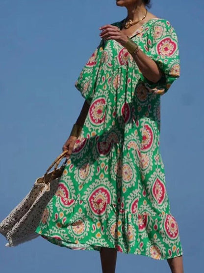 Maxi Dresses - Vintage Print Puff Sleeve Maxi Dress - MsDressly