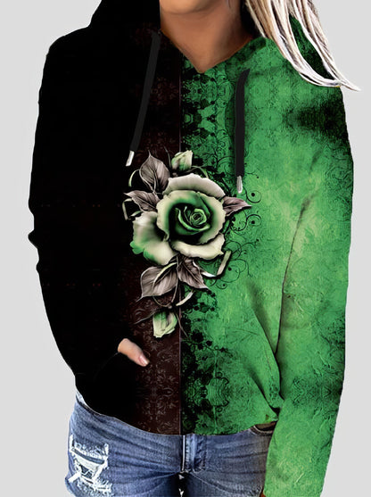Hoodies - Rose Flower Print Two-Color Long Sleeve Hoodie - MsDressly