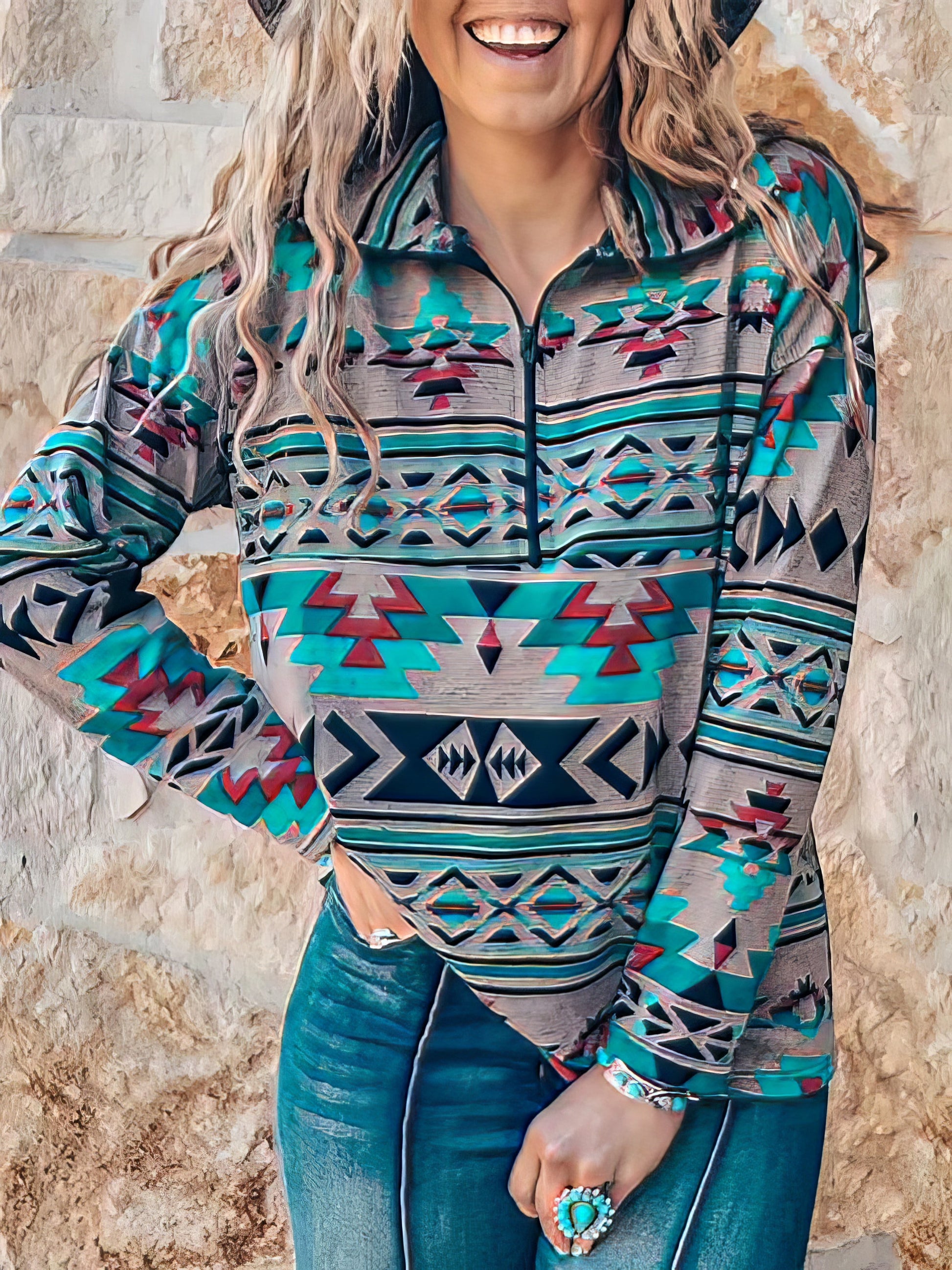 Hoodies - Stand Collar Zip Pattern Long Sleeve Hoodie - MsDressly