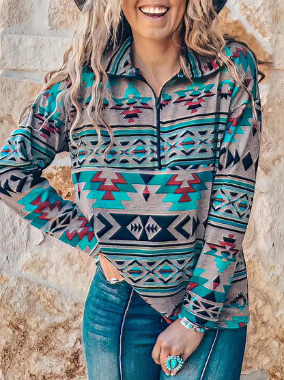 Hoodies - Stand Collar Zip Pattern Long Sleeve Hoodie - MsDressly