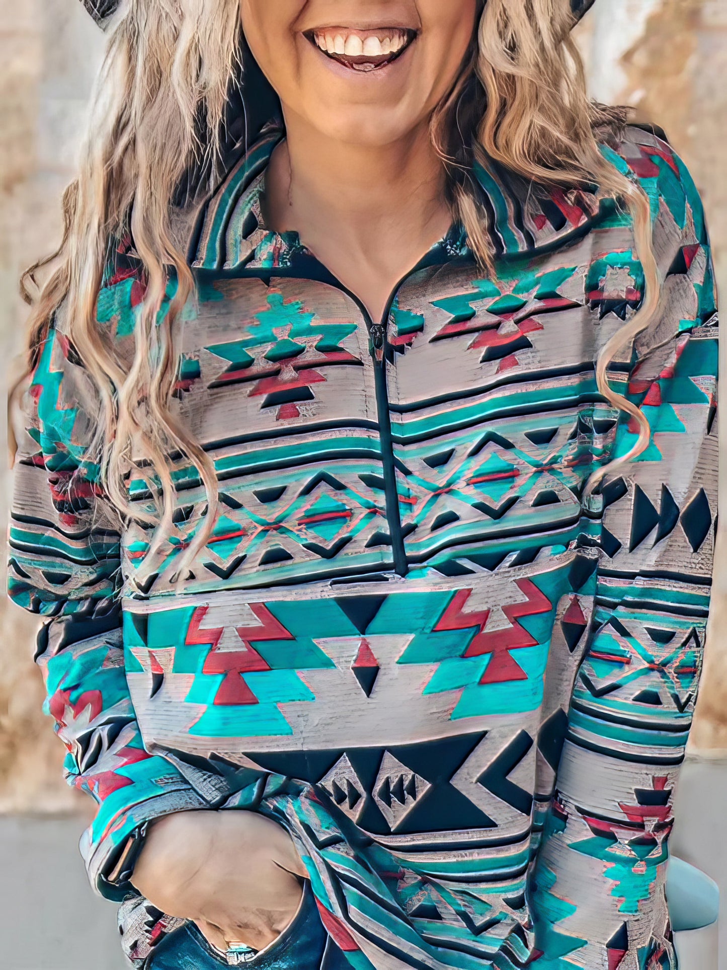 Hoodies - Stand Collar Zip Pattern Long Sleeve Hoodie - MsDressly