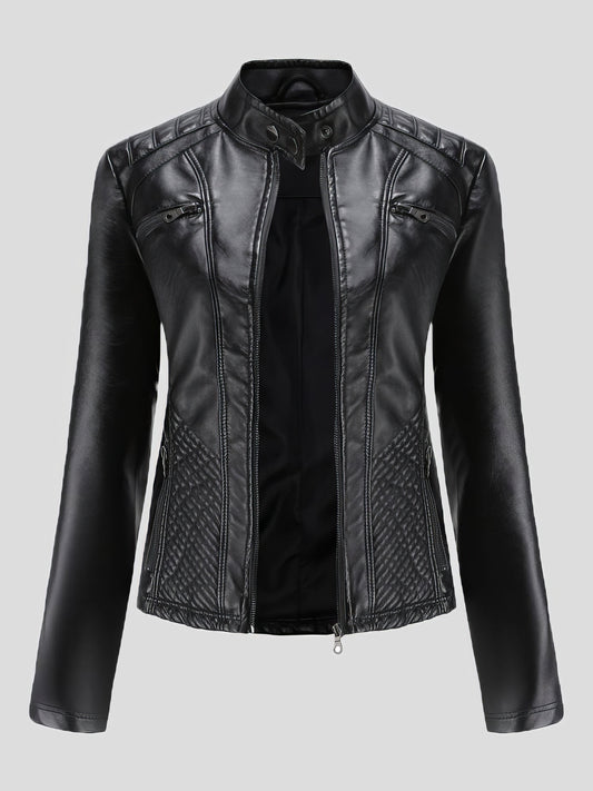 Casual Stand-Collar Slim Solid Leather Jacket