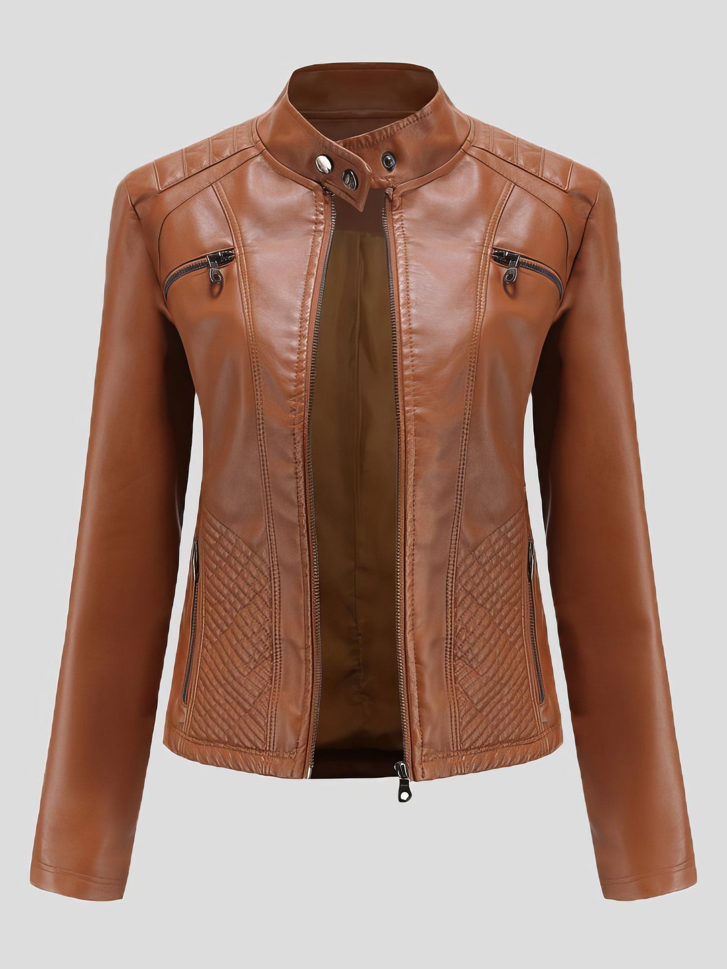 Casual Stand-Collar Slim Solid Leather Jacket