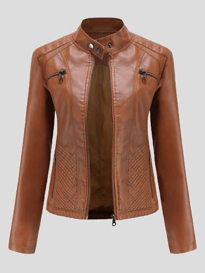Casual Stand-Collar Slim Solid Leather Jacket