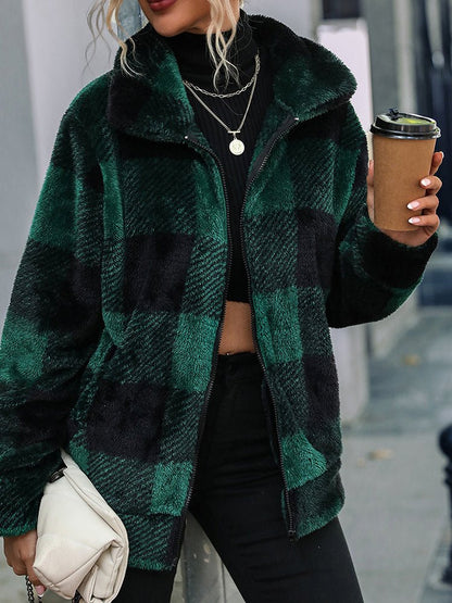 Jackets - Double-Face Fleece Collar Plaid Jacket - MsDressly