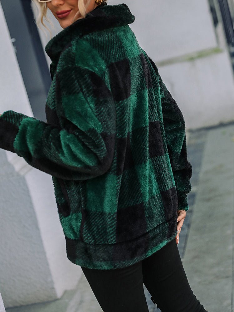 Jackets - Double-Face Fleece Collar Plaid Jacket - MsDressly