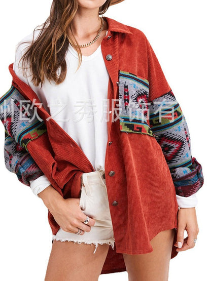 Panel Long Sleeve Printed Corduroy Jacket