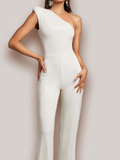 Jumpsuits - One-Shoulder Sequined Slim-Fit Jumpsuit - MsDressly