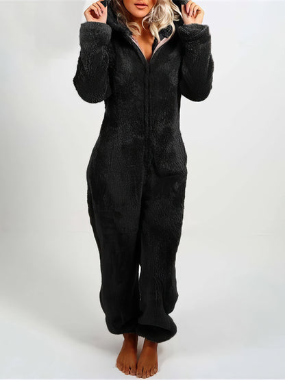 Pajamas - Furry Zipper Jumpsuit Hooded Pajamas - MsDressly