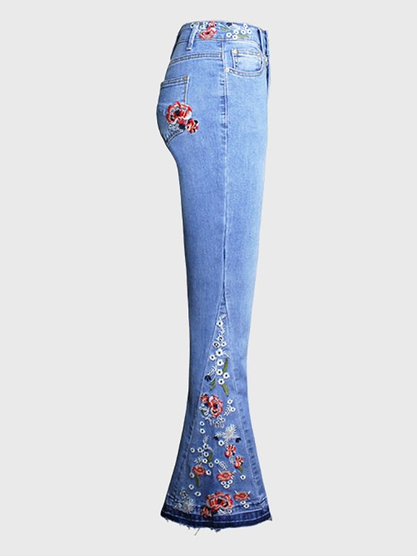 Jeans - Embroidered Denim Flared Jeans - MsDressly
