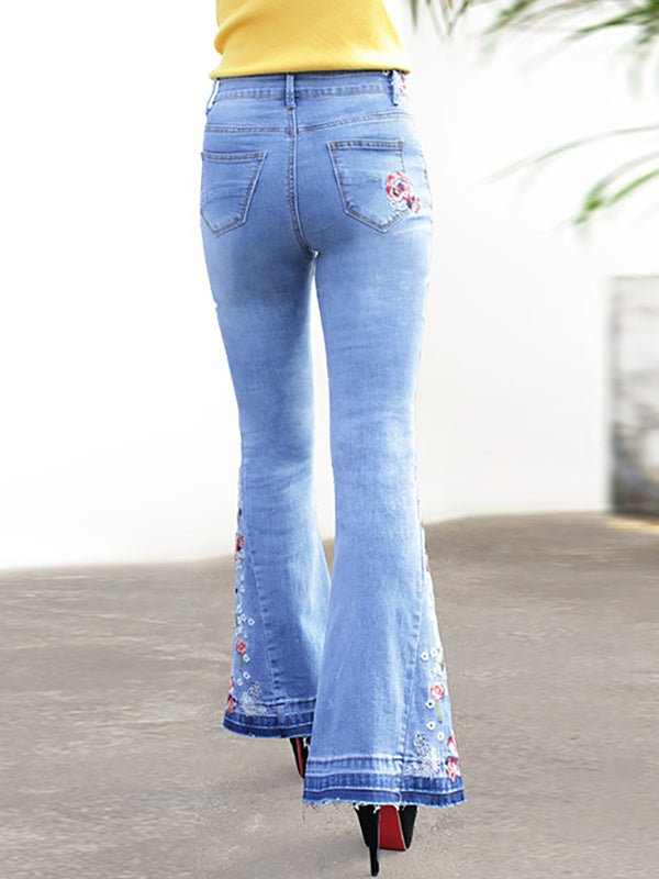 Jeans - Embroidered Denim Flared Jeans - MsDressly