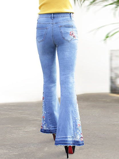 Jeans - Embroidered Denim Flared Jeans - MsDressly