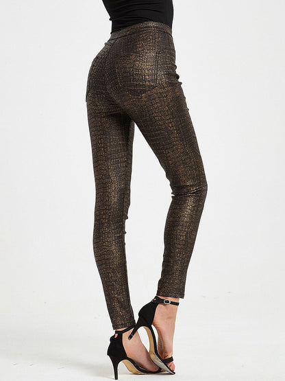 Pants - High Waist PU Leather Crocodile Print Pants - MsDressly