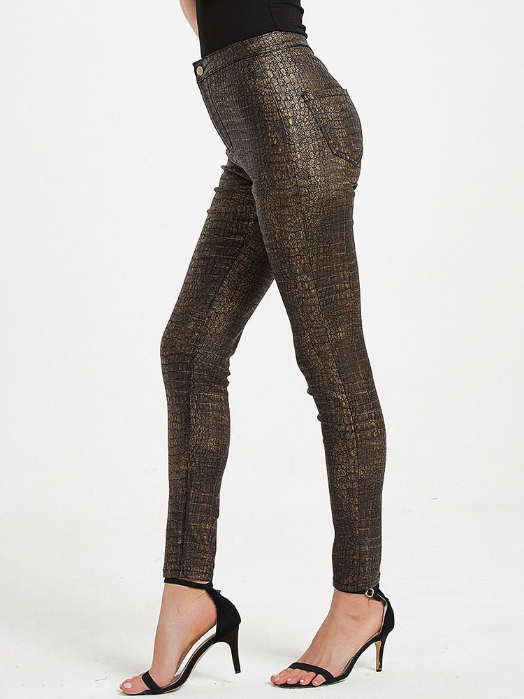 Pants - High Waist PU Leather Crocodile Print Pants - MsDressly