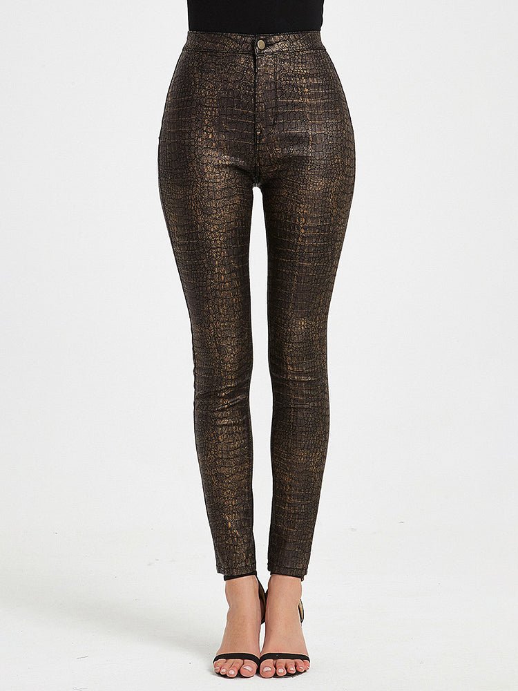 Pants - High Waist PU Leather Crocodile Print Pants - MsDressly