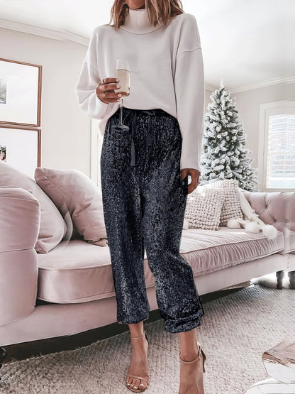 Sequined Drawstring High Waisted Leggings Slacks