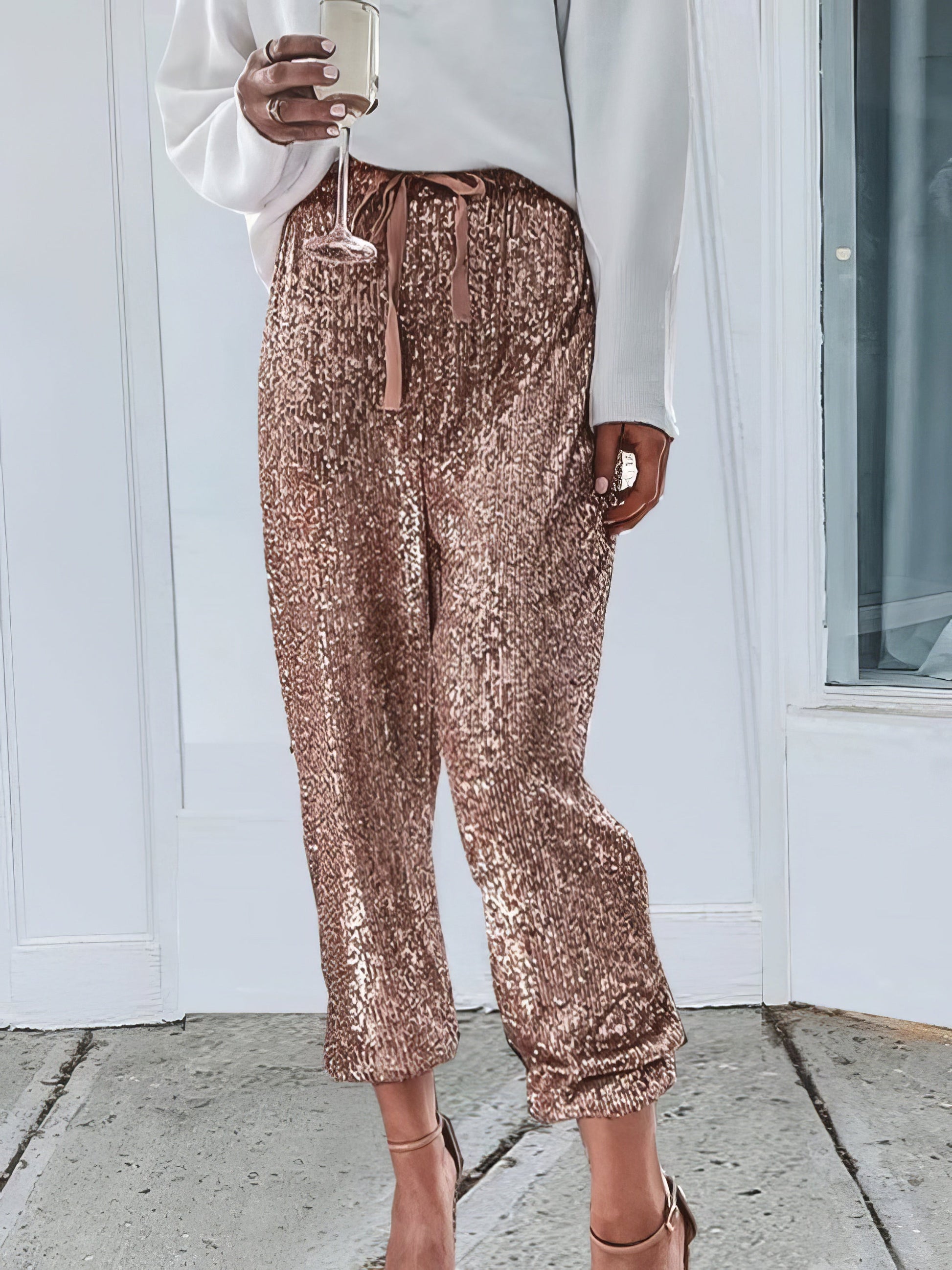 Pants - Sequined Drawstring High Waisted Leggings Slacks - MsDressly