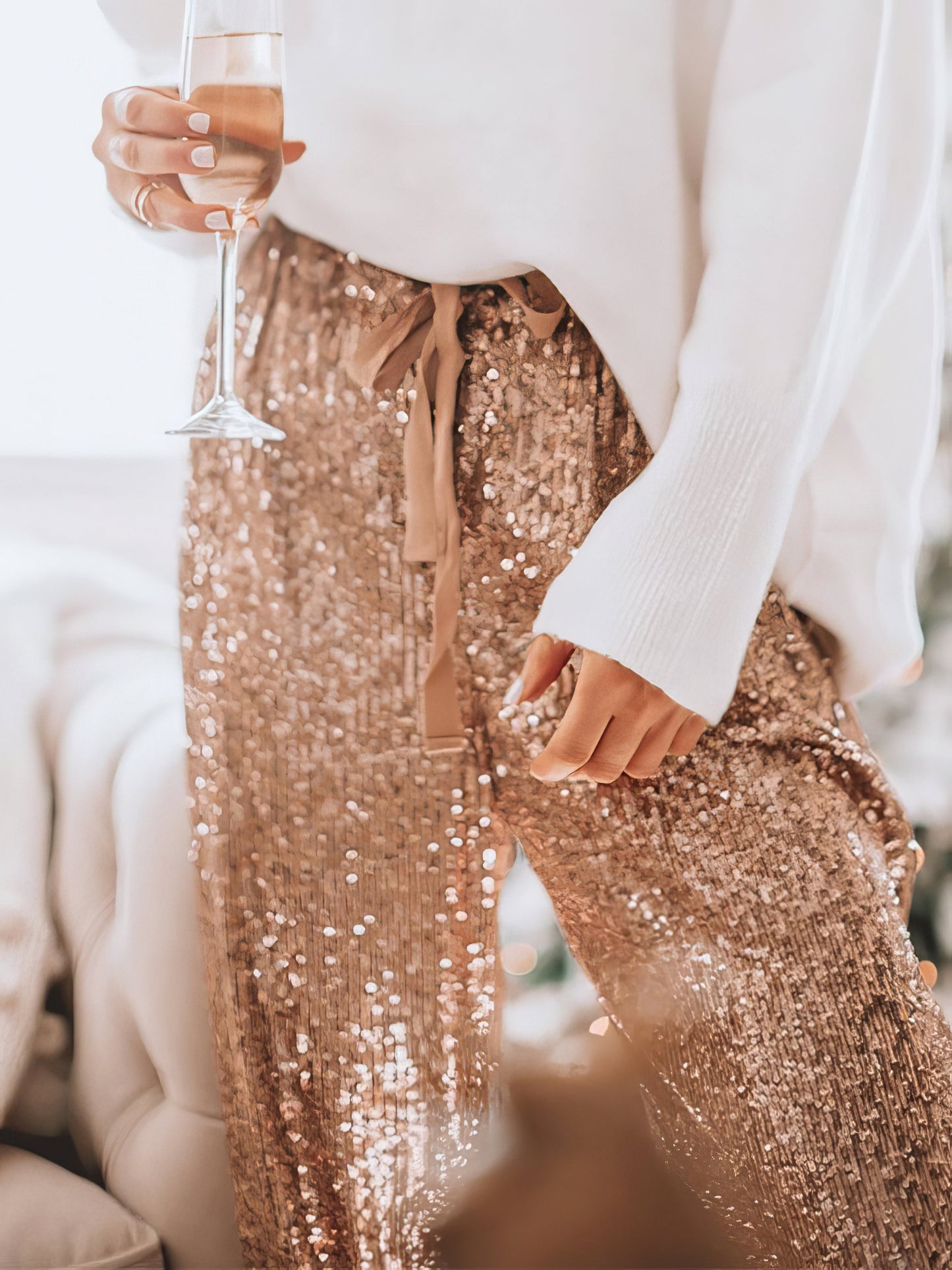 Pants - Sequined Drawstring High Waisted Leggings Slacks - MsDressly