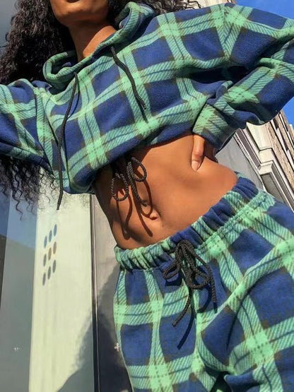 Sets - Check Contrast Hoodie & Trousers Two-Piece Set - MsDressly