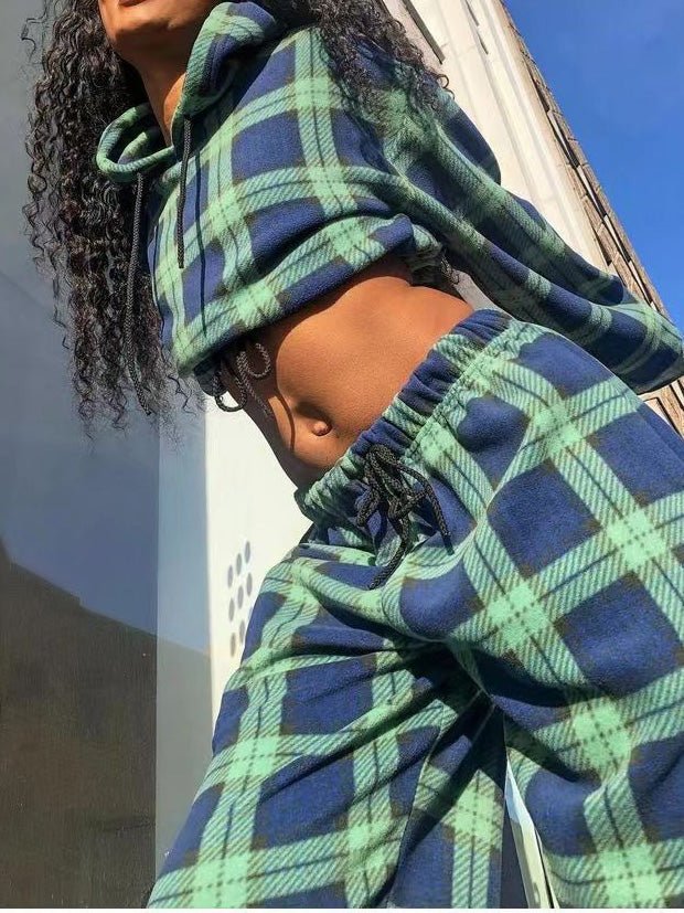 Sets - Check Contrast Hoodie & Trousers Two-Piece Set - MsDressly