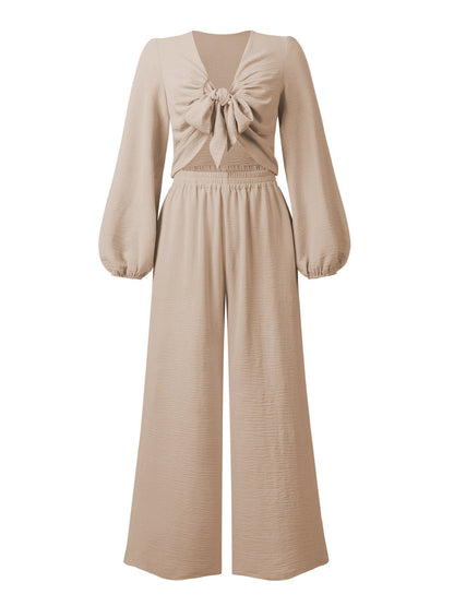 Sets - Knotted Long Sleeve Top & Wide Leg Pants Two-Piece Set - MsDressly