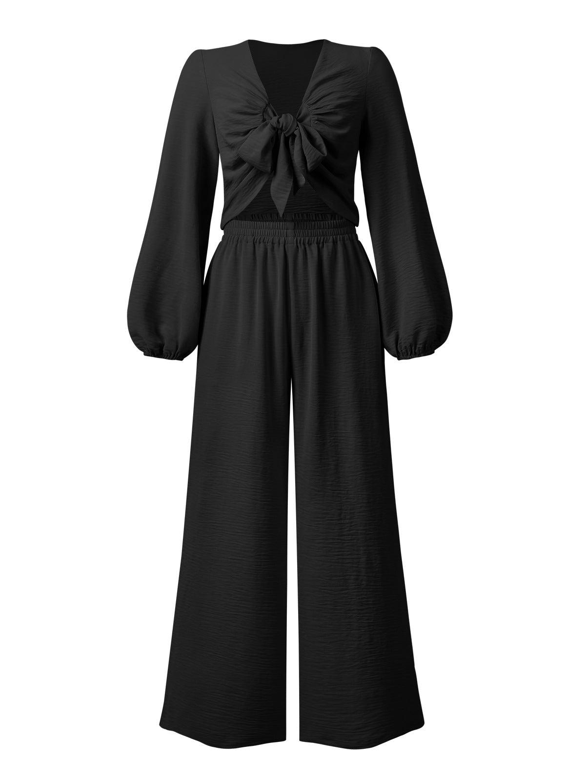 Sets - Knotted Long Sleeve Top & Wide Leg Pants Two-Piece Set - MsDressly