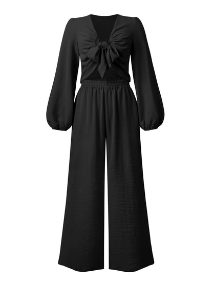 Sets - Knotted Long Sleeve Top & Wide Leg Pants Two-Piece Set - MsDressly
