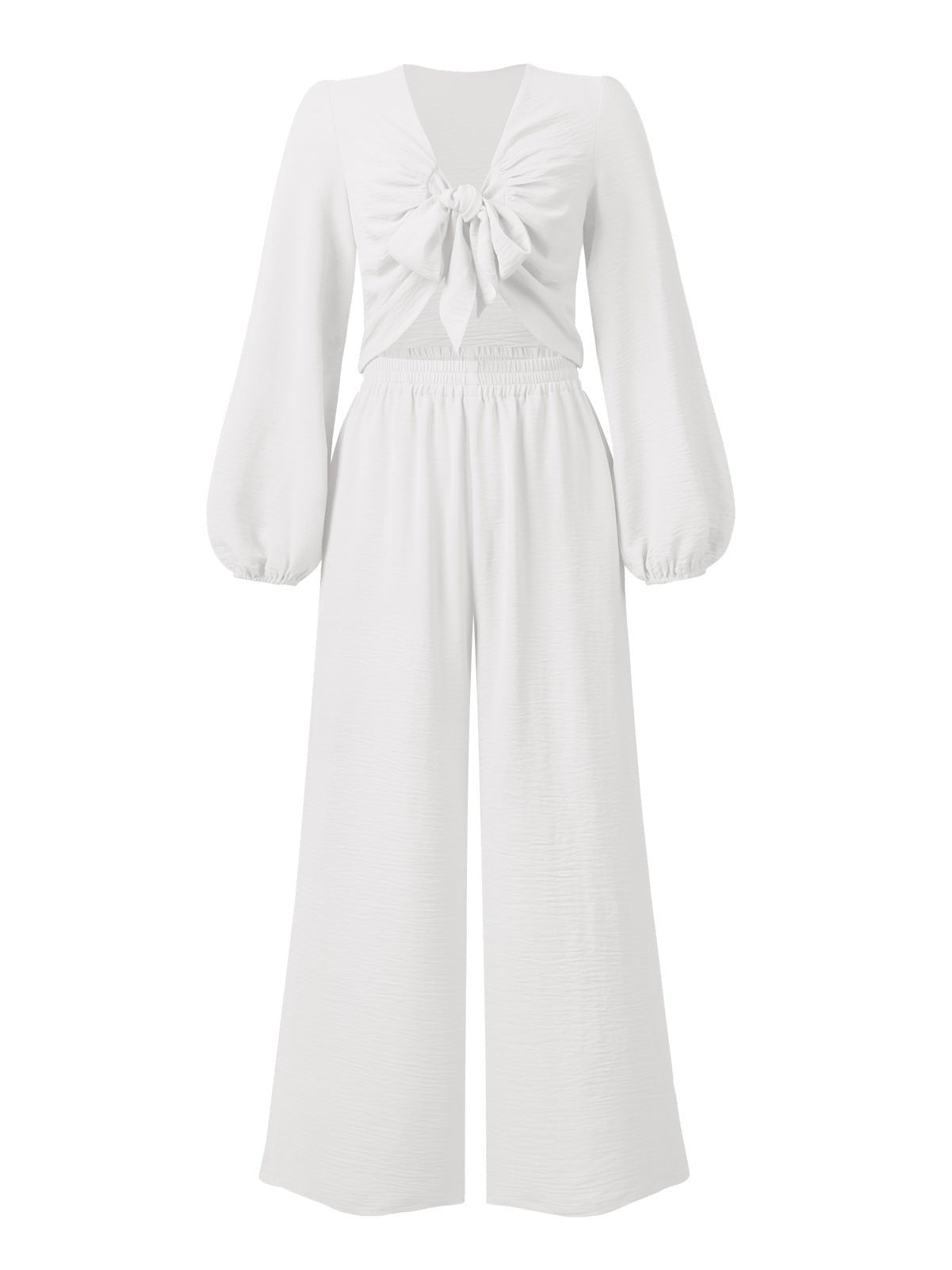 Sets - Knotted Long Sleeve Top & Wide Leg Pants Two-Piece Set - MsDressly