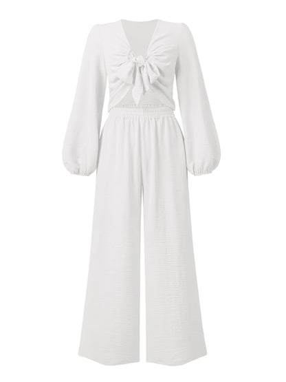 Sets - Knotted Long Sleeve Top & Wide Leg Pants Two-Piece Set - MsDressly
