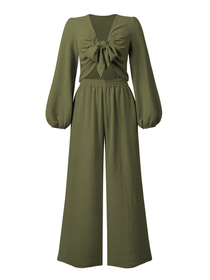 Sets - Knotted Long Sleeve Top & Wide Leg Pants Two-Piece Set - MsDressly