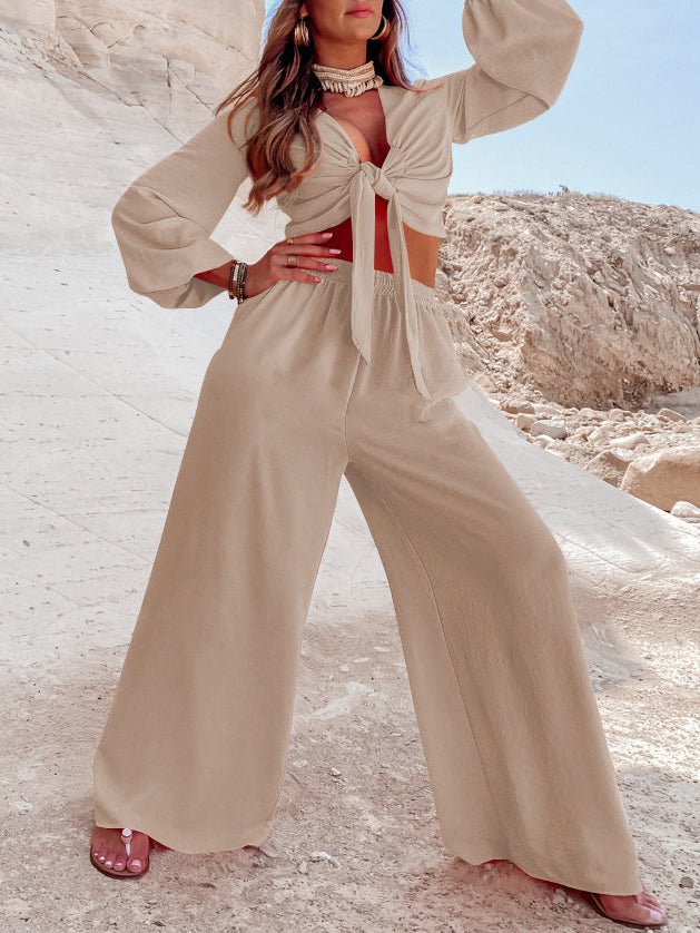 Sets - Knotted Long Sleeve Top & Wide Leg Pants Two-Piece Set - MsDressly