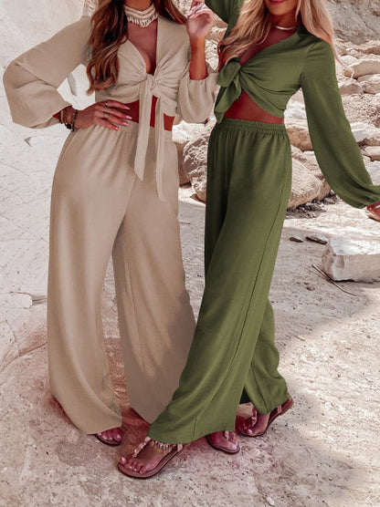 Sets - Knotted Long Sleeve Top & Wide Leg Pants Two-Piece Set - MsDressly