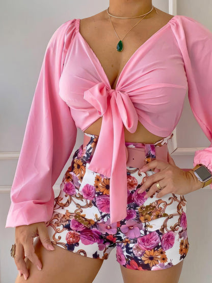 Sets - Lace-up V-Neck Crop Shirt & Printed Shorts Two-Piece Set - MsDressly