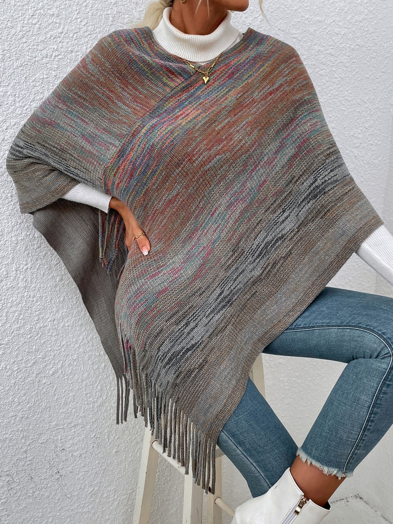 Sweaters - Casual Colorful Fringe Shawl Sweater - MsDressly